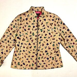 Vintage 100% Silk Zip Up Jacket Tan Colorful Leopard Cheetah Carole Little Sz L